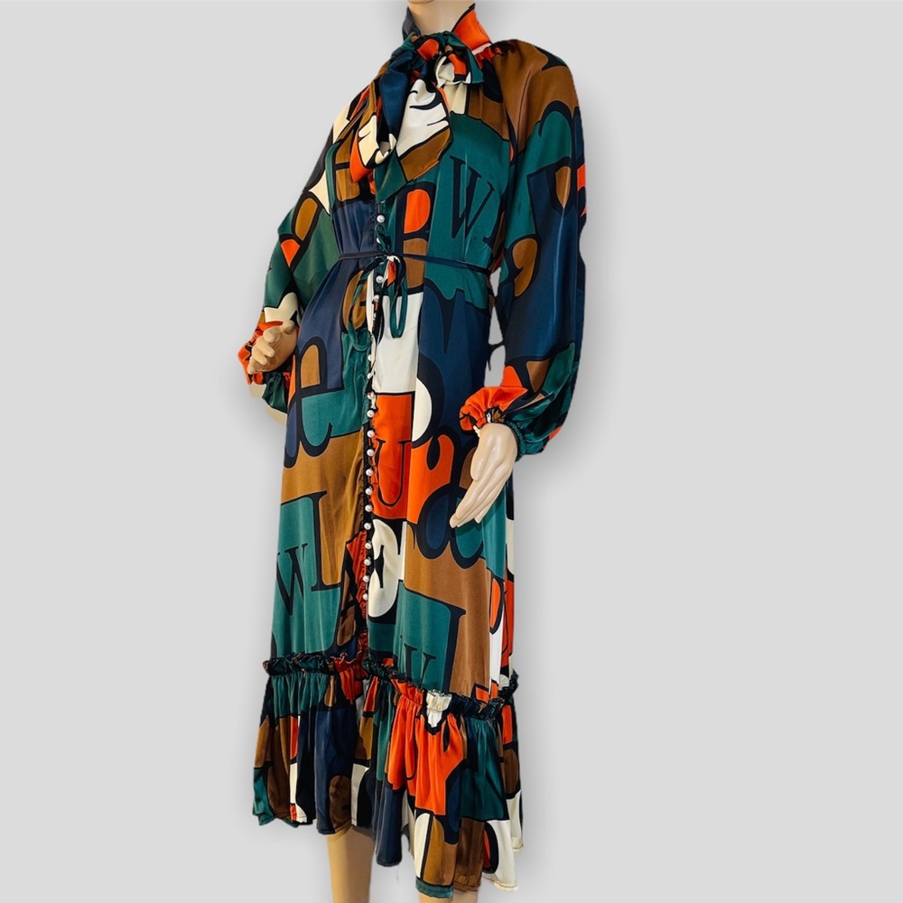 New Trendy Chunky Green Boho Dress with Oversized Sleeves
